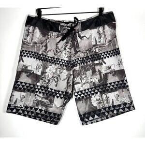 Da Hui Board Shorts Mens 38 Black Gray Surf Swim Trunks Hawaii Graphic Stretch‎
